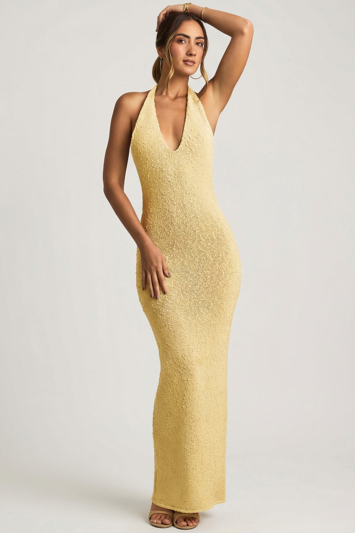 ⁣⁢Bouclé-Neckholder-Maxikleid in Gelb⁤⁣