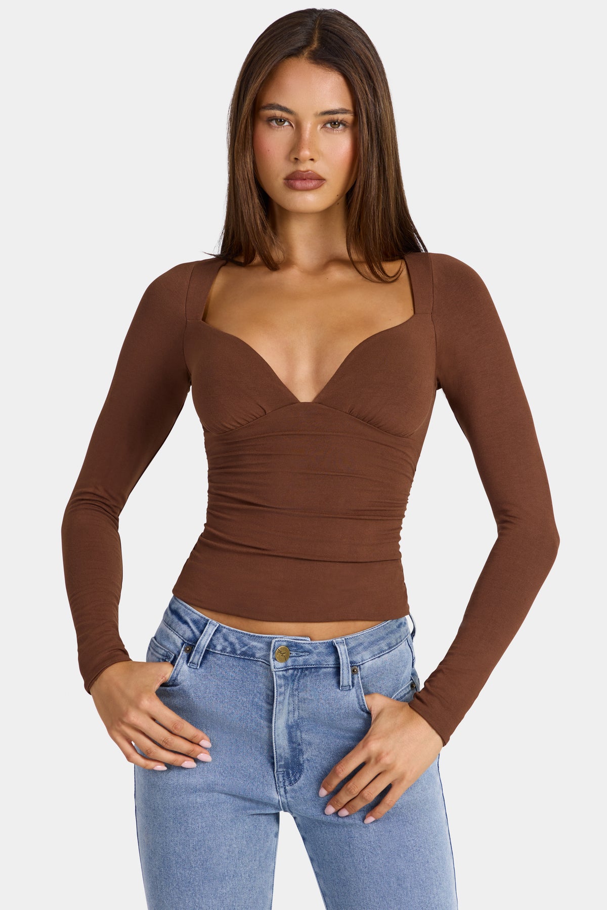 ⁣⁢Geriffeltes Modal-Langarmshirt in Cocoa Brown⁤⁣ - 1