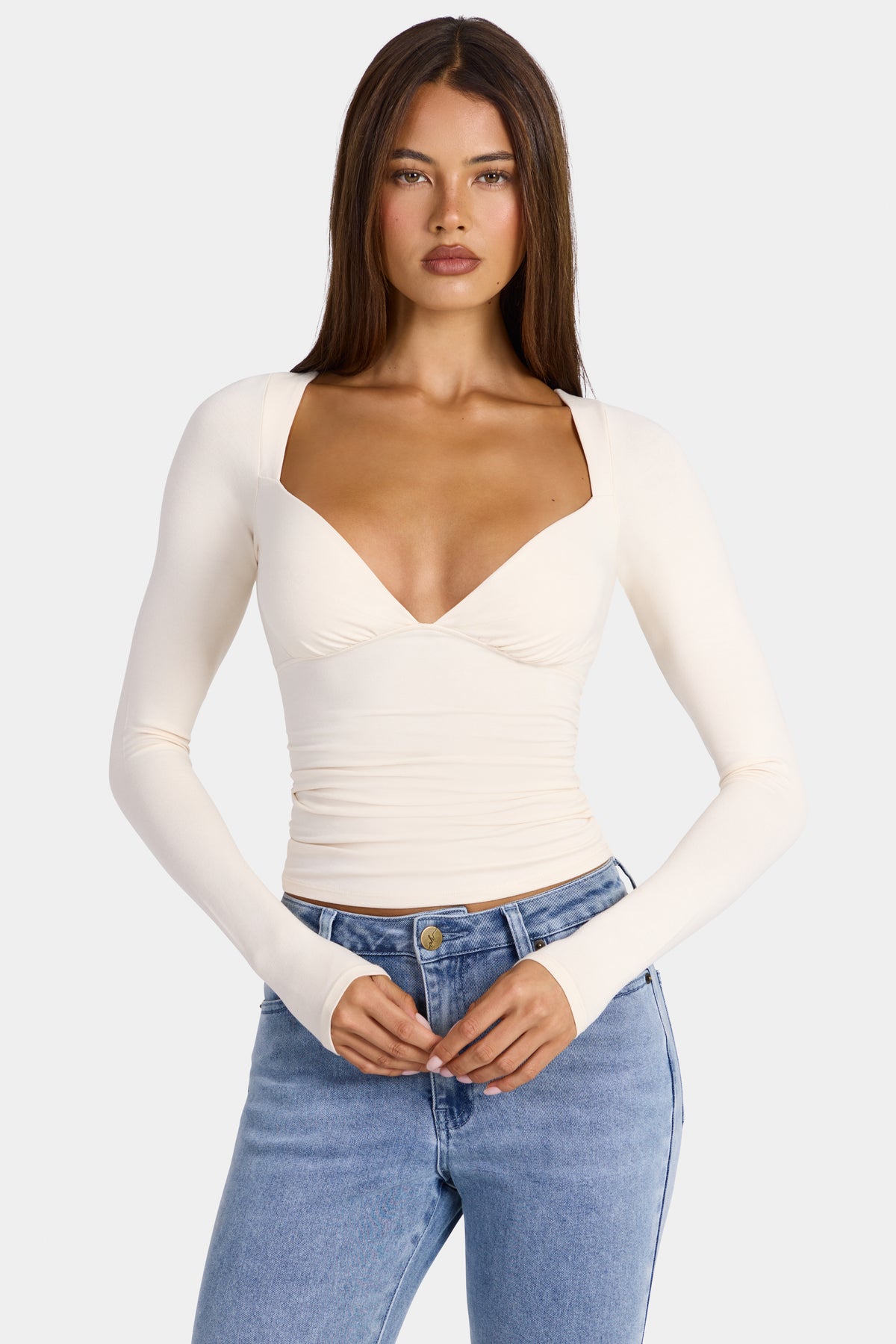 ⁣⁢Modal-Langarmshirt mit Raffung in Oat⁤⁣ - 1