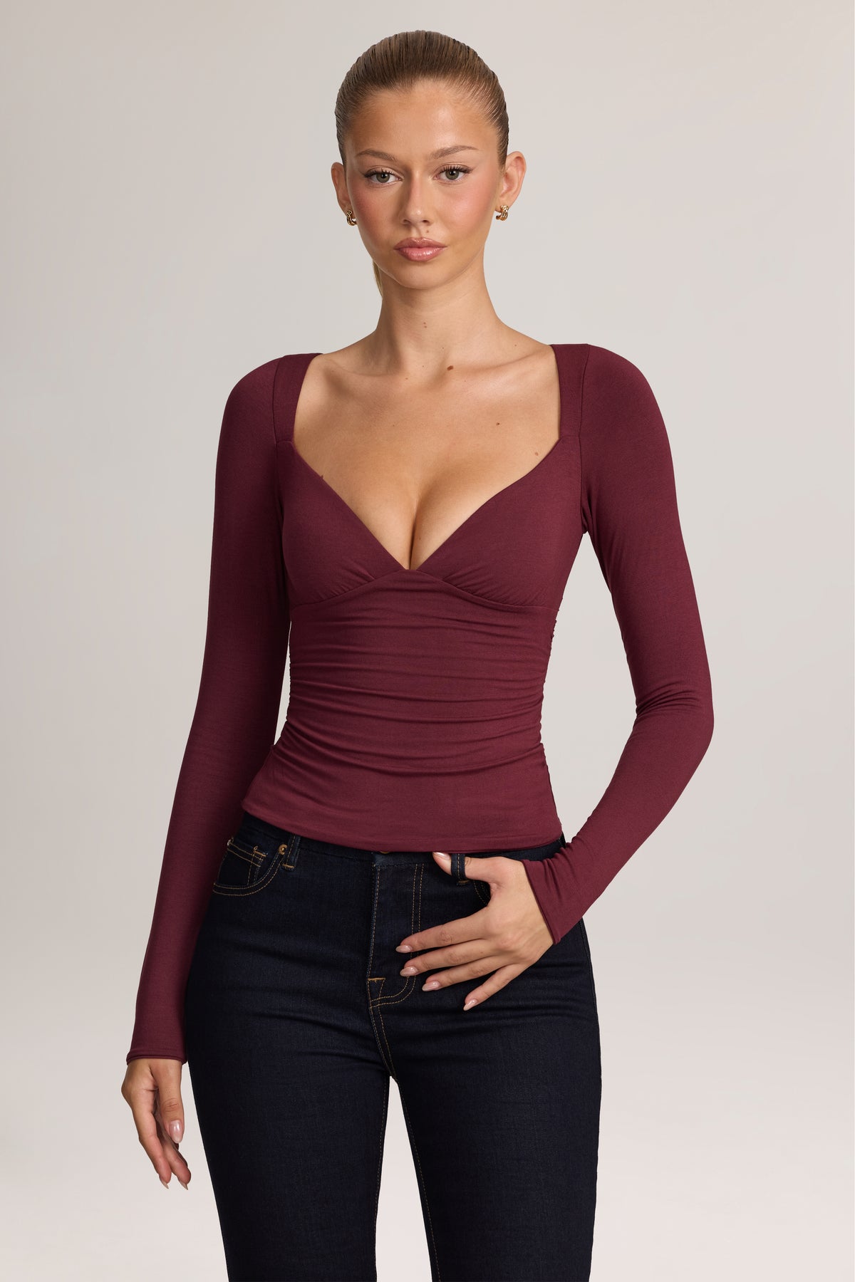 ⁣⁢Modal-Shirt mit Raffung in Pflaume⁤⁣ - 1