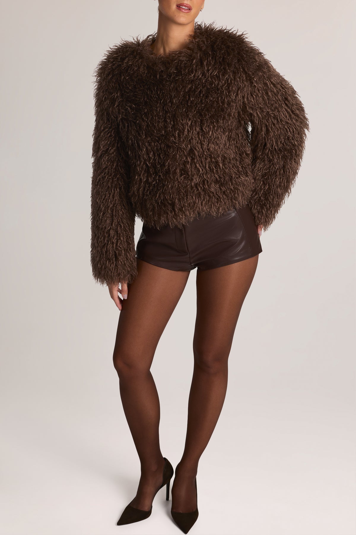 ⁣⁢Mongolian Fur Jacke in Chocolate Brown⁤⁣ - 1
