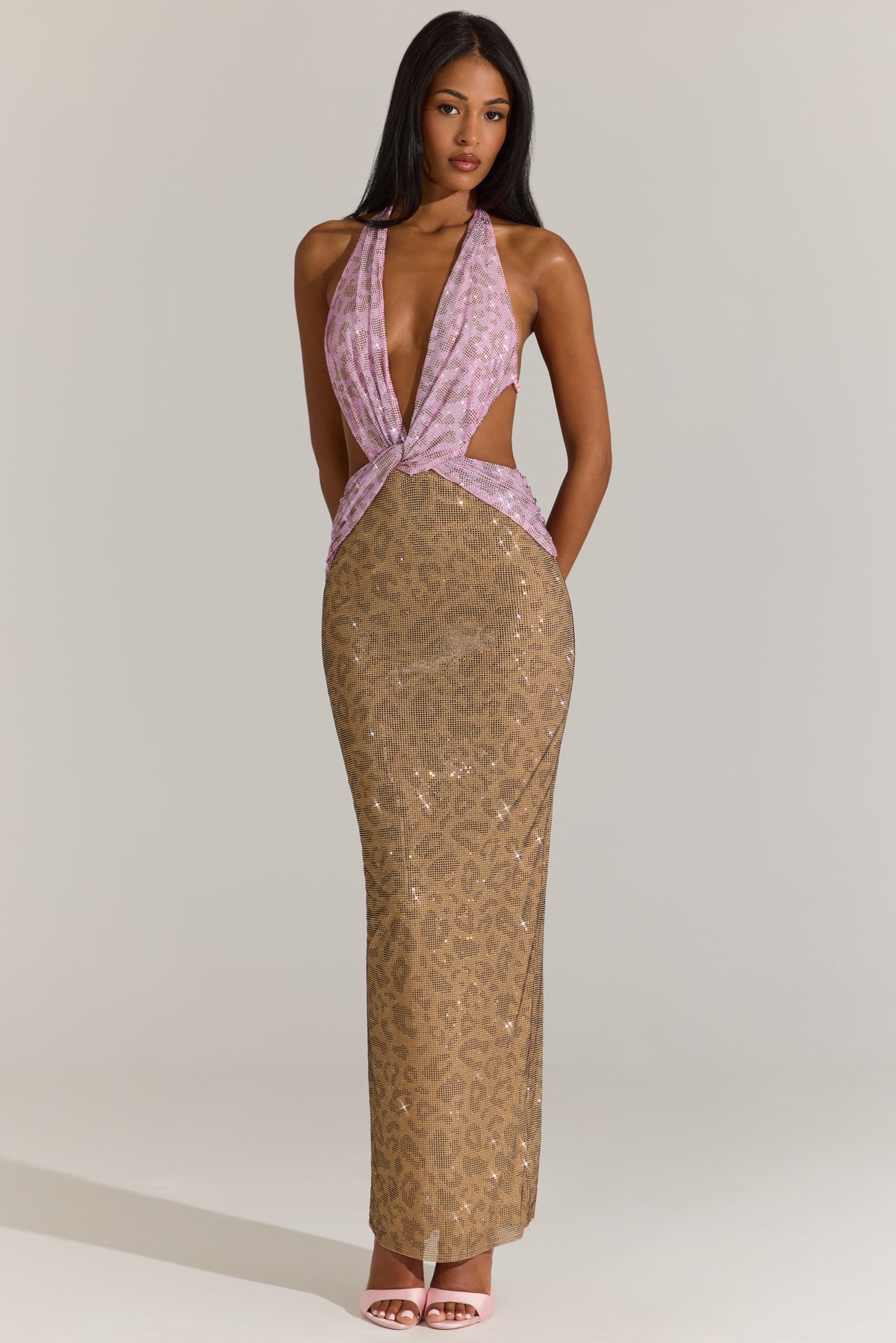 ⁣⁢Verziertes Cut-out-Maxikleid in Pink-Leopard⁤⁣ - 1
