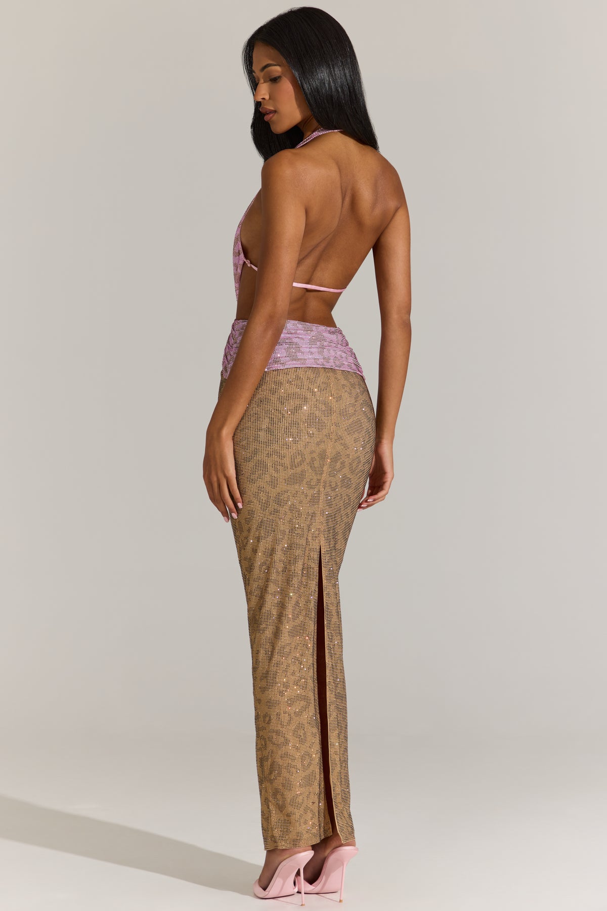 ⁣⁢Verziertes Cut-out-Maxikleid in Pink-Leopard⁤⁣ - 2
