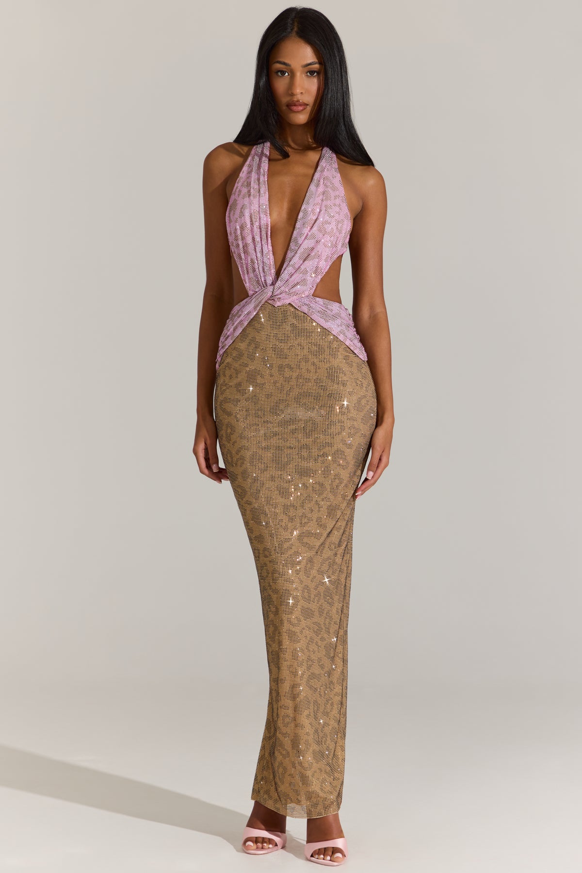 ⁣⁢Verziertes Cut-out-Maxikleid in Pink-Leopard⁤⁣
