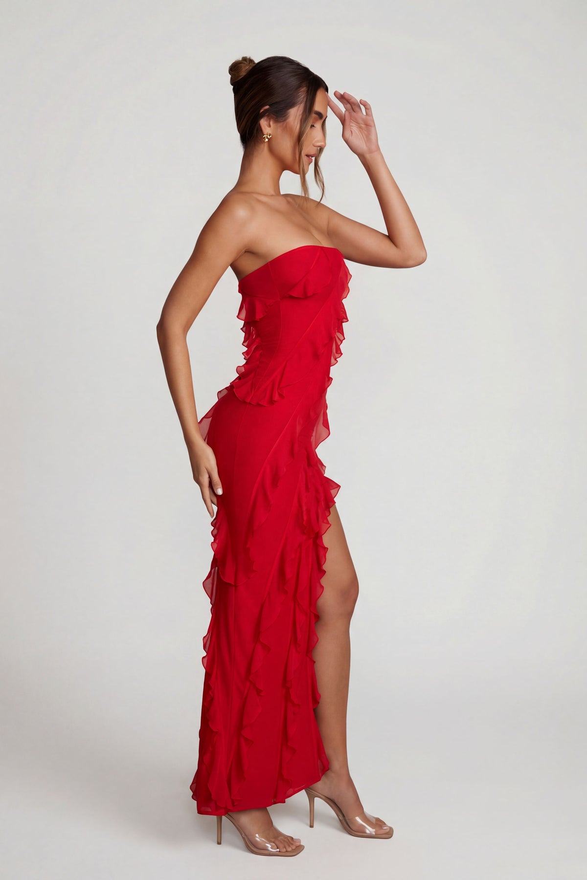 ⁣⁢Bandeau-Maxikleid mit Rüschendetails in Rot⁤⁣