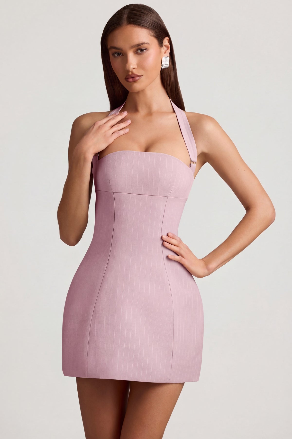 ⁣⁢Strukturiertes Neckholder-A-Linien-Minikleid mit Nadelstreifen in Mauve⁤⁣