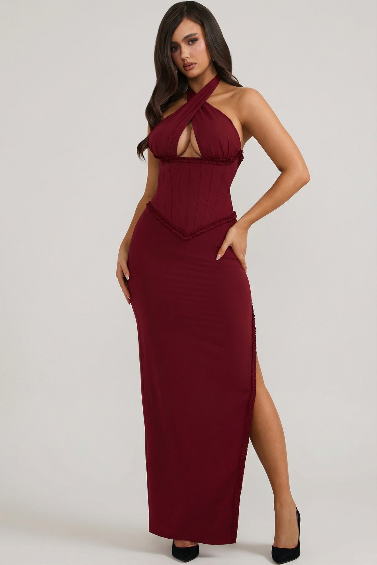 ⁣⁢Neckholder-Korsett-Maxikleid mit Schnürung in Beerenrot⁤⁣