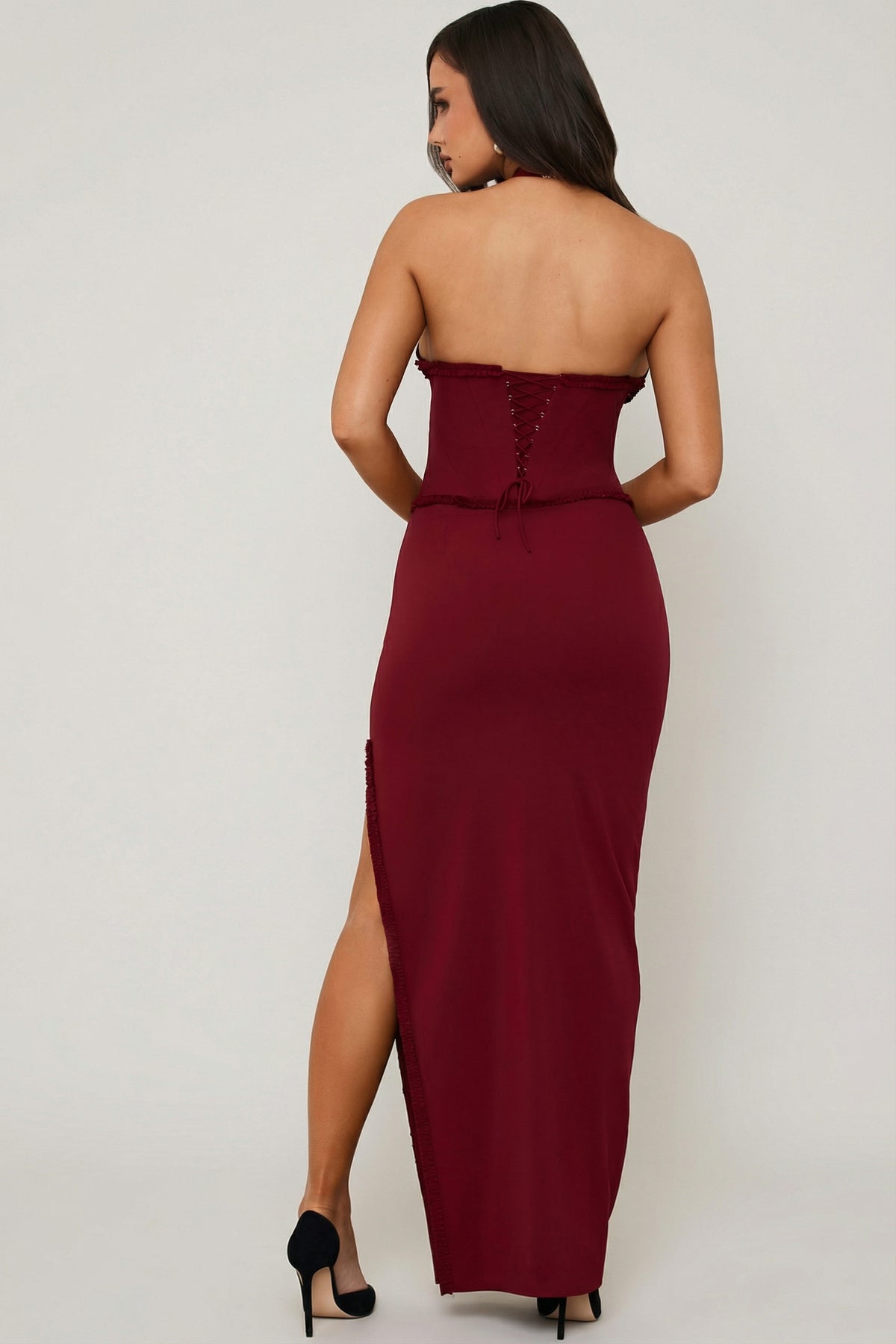 ⁣⁢Neckholder-Korsett-Maxikleid mit Schnürung in Beerenrot⁤⁣