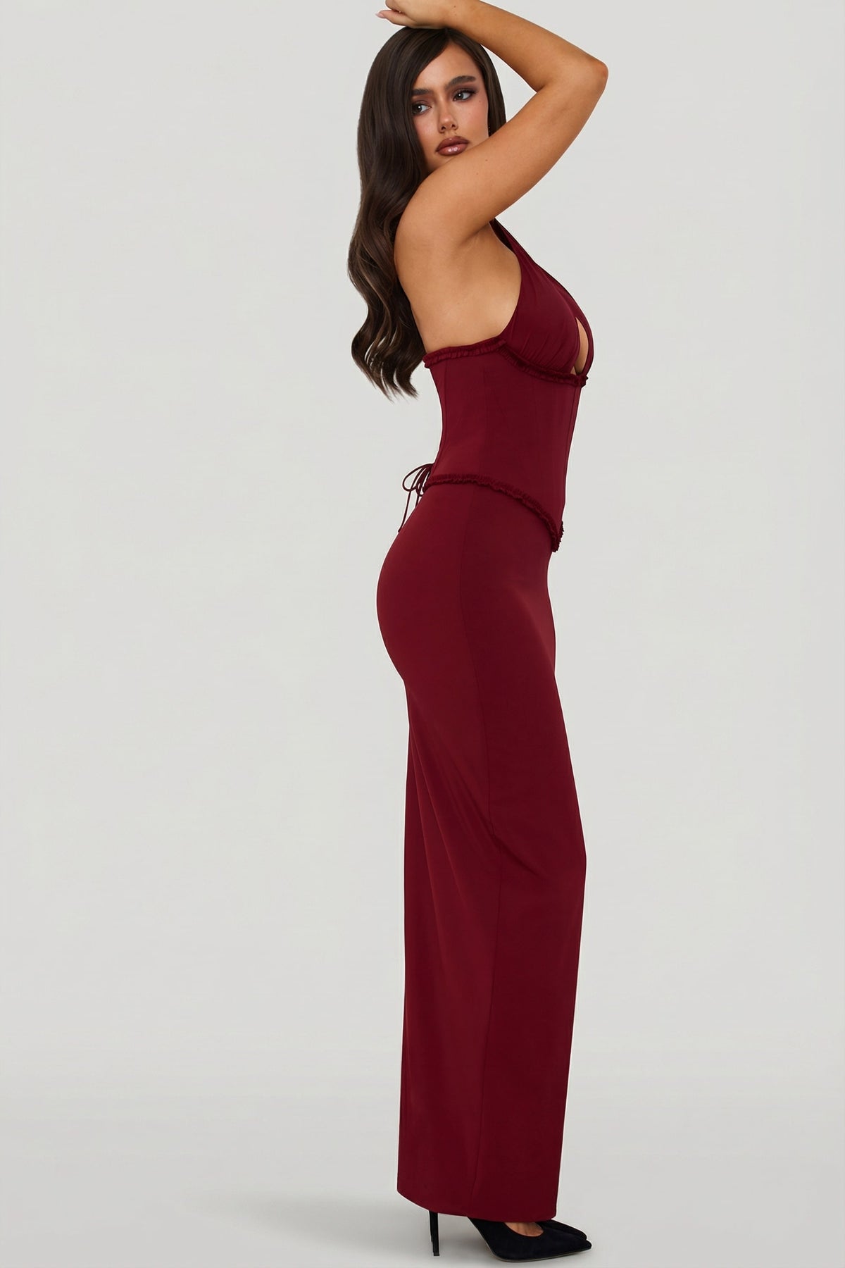 ⁣⁢Neckholder-Korsett-Maxikleid mit Schnürung in Beerenrot⁤⁣