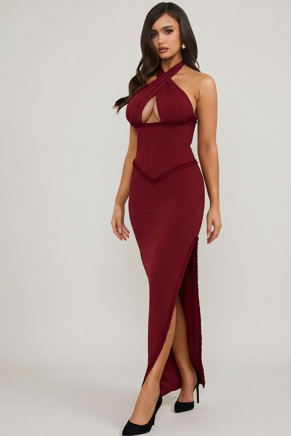 ⁣⁢Neckholder-Korsett-Maxikleid mit Schnürung in Beerenrot⁤⁣