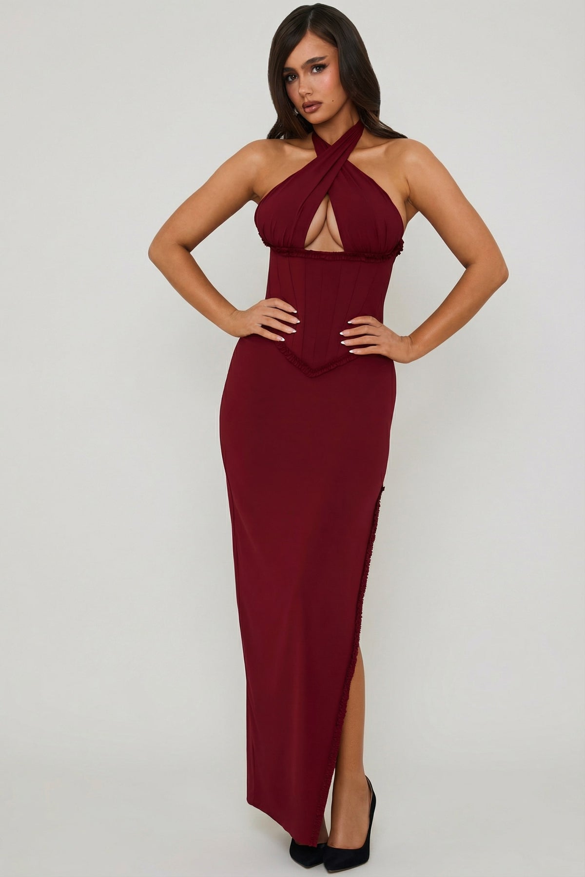 ⁣⁢Neckholder-Korsett-Maxikleid mit Schnürung in Beerenrot⁤⁣