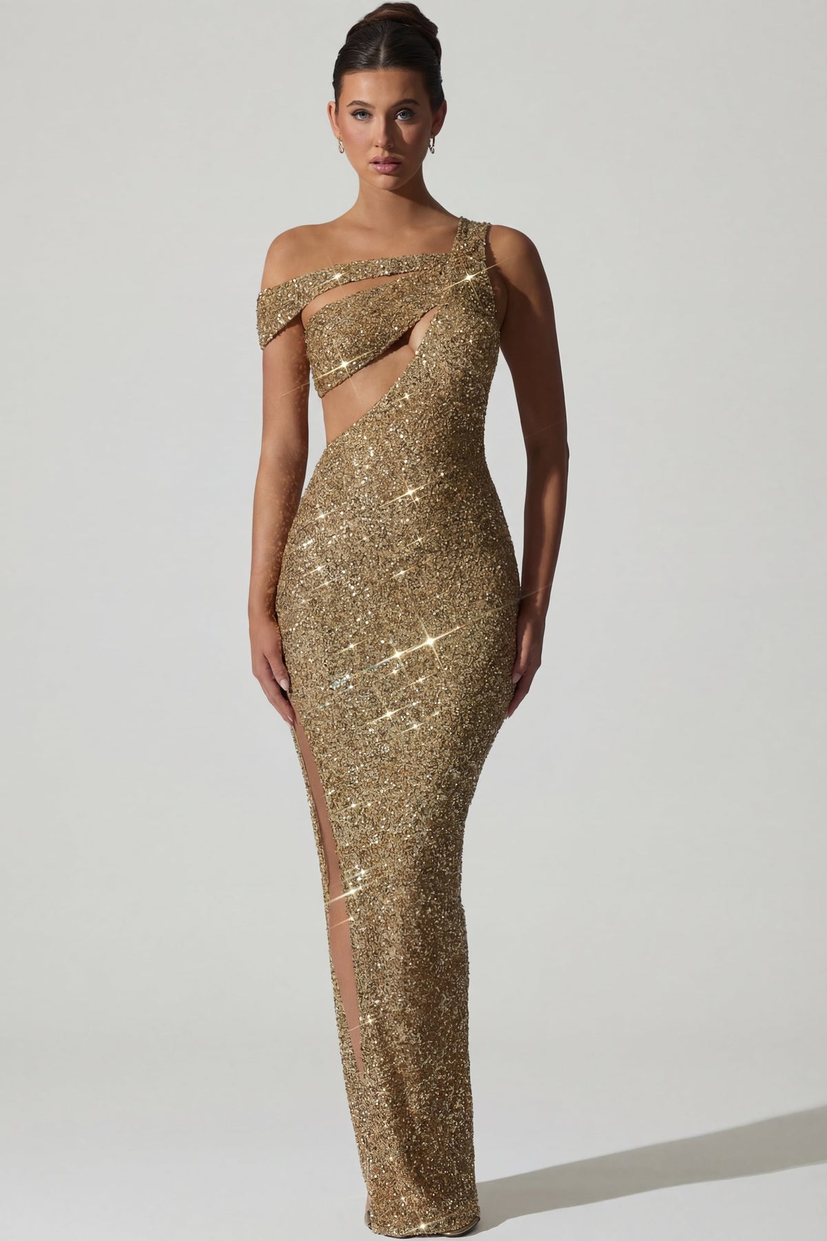 ⁣⁢Verziertes asymmetrisches Cut-out-Abendkleid in Gold⁤⁣