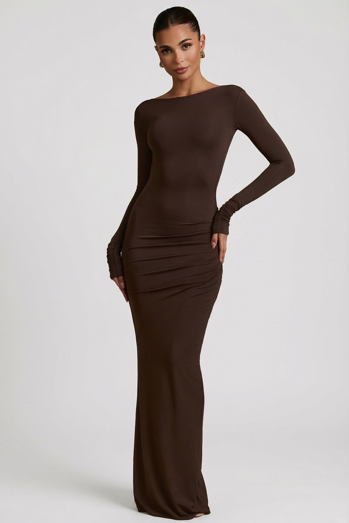 ⁣⁢Modal-Maxikleid mit Raffung und Rückenausschnitt in Schokoladenbraun⁤⁣ - 2
