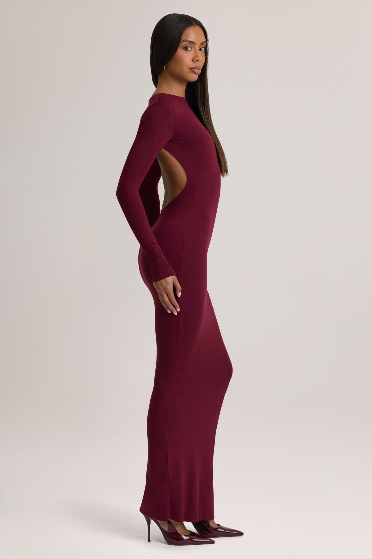 ⁣⁢Modal-Maxikleid mit Raffung und Rückenausschnitt in Wine⁤⁣