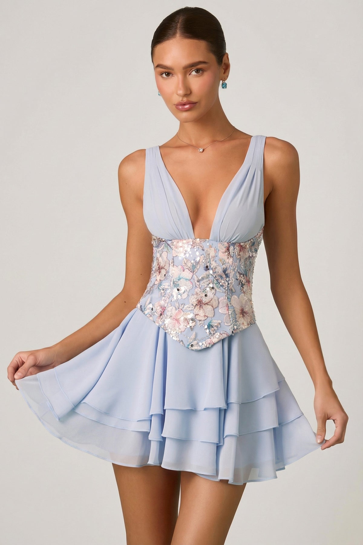 ⁣⁢Verziertes Rüschen-Korsett-Minikleid in Blumenblau⁤⁣ - 1