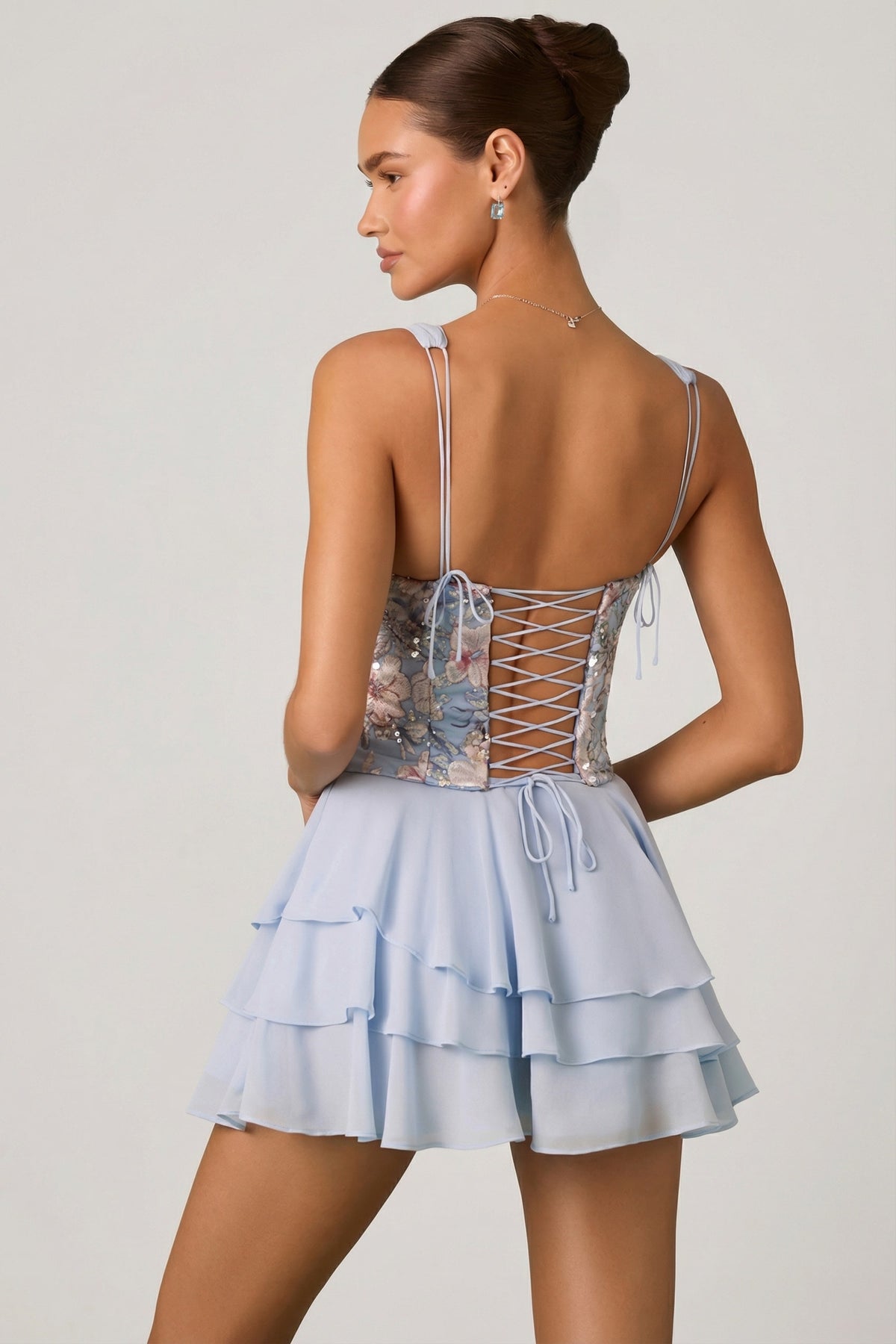 ⁣⁢Verziertes Rüschen-Korsett-Minikleid in Blumenblau⁤⁣ - 2