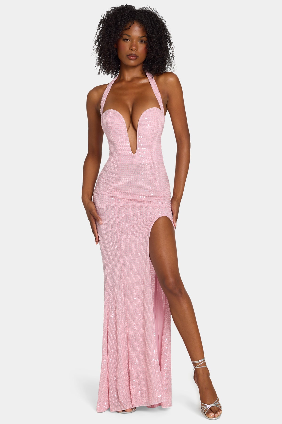 ⁣⁢Verziertes Neckholder-Abendkleid in Lavendelrosa⁤⁣ - 1