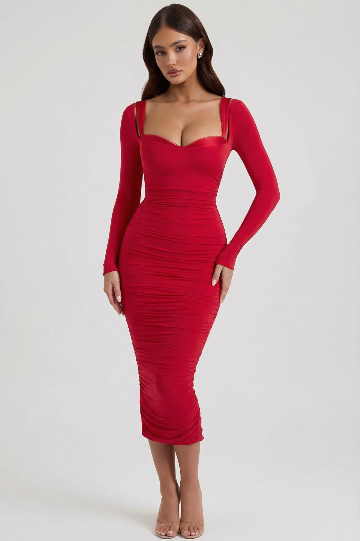⁣⁢Midaxikleid mit Raffung und BH-Detail in Rot⁤⁣