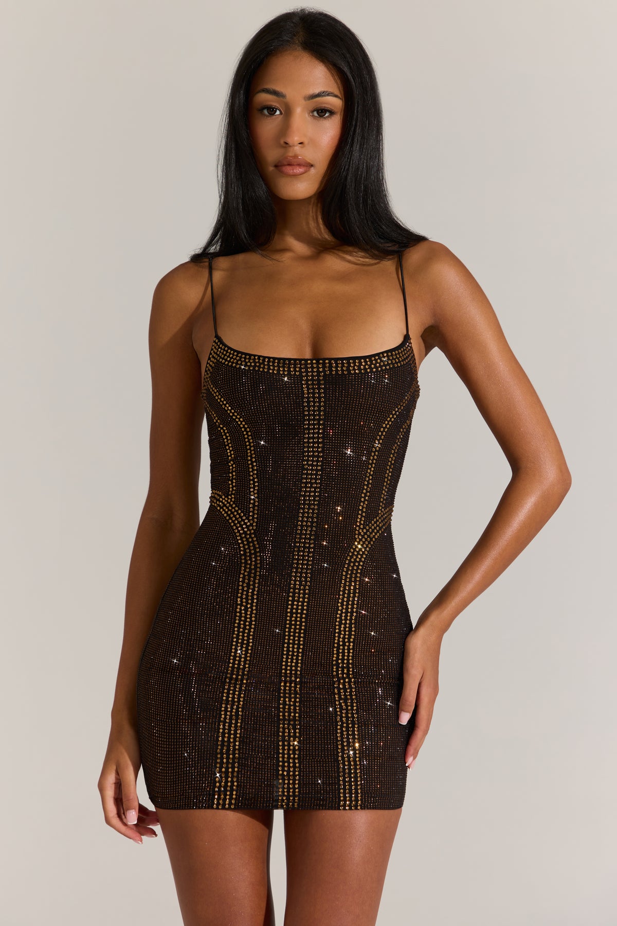 ⁣⁢Verziertes Minikleid mit U-Boot-Ausschnitt in Bronze⁤⁣ - 1