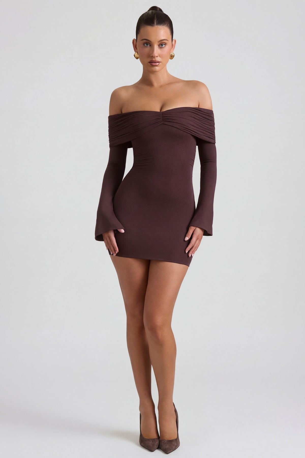 ⁣⁢Modal-Kaschmir-Mischung Off-Shoulder gerafftes Minikleid in Espresso⁤⁣ - 1