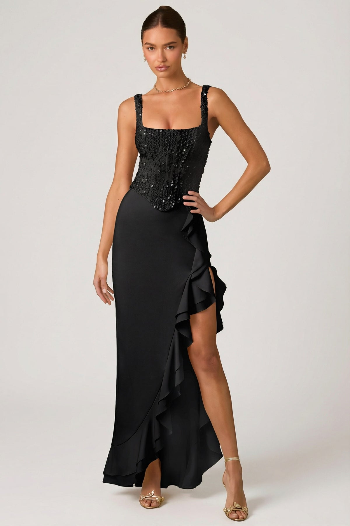 ⁣⁢Verziertes Korsett-Abendkleid mit Rüschenbesatz in Schwarz⁤⁣ - 1