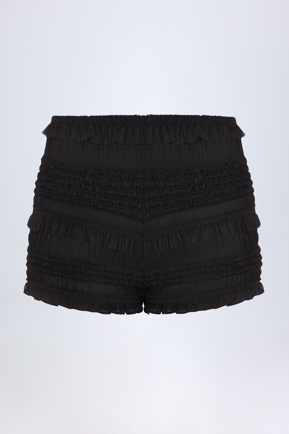 ⁣⁢Rüschen-Shorts mit Mid-Rise Bund in Schwarz⁤⁣
