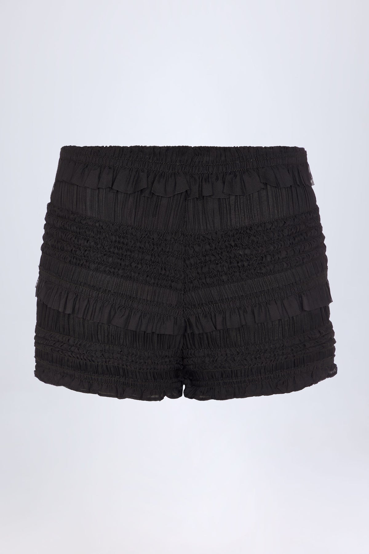 ⁣⁢Rüschen-Shorts mit Mid-Rise Bund in Schwarz⁤⁣