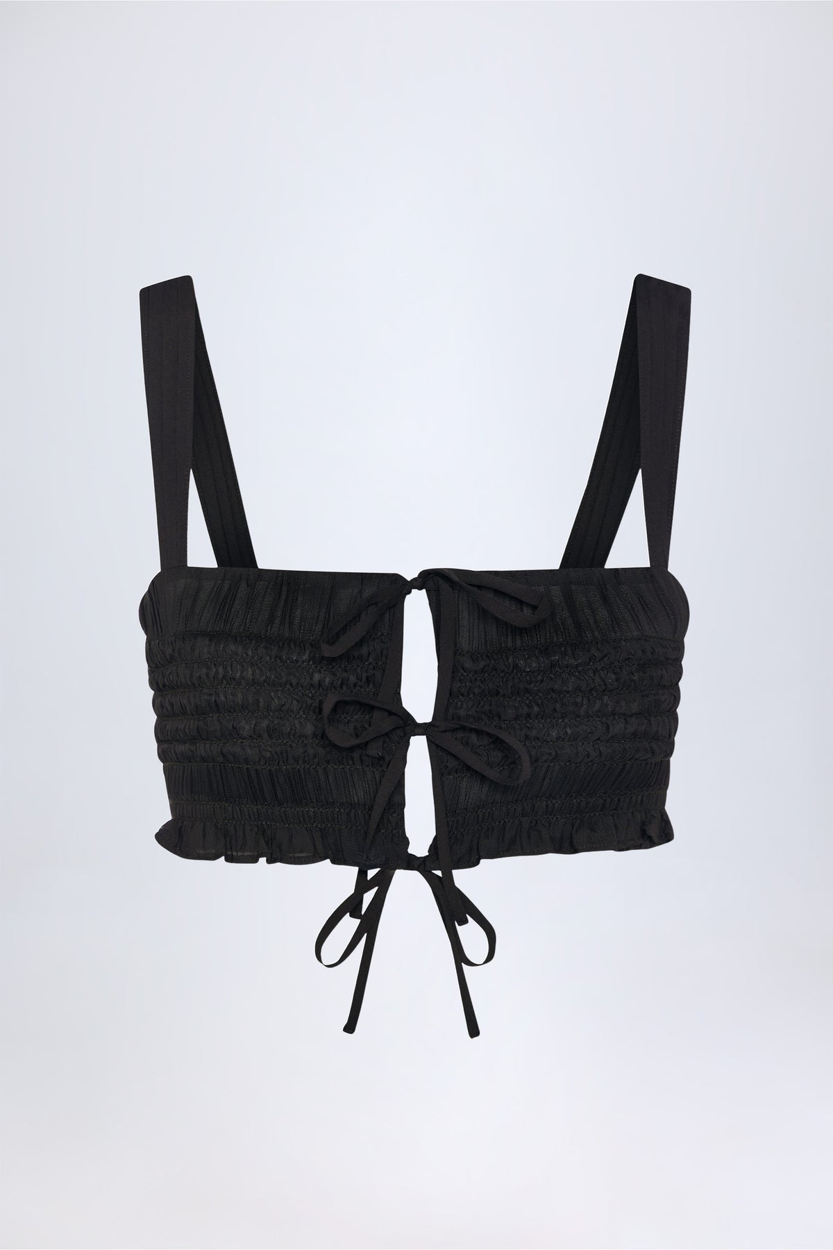 ⁣⁢Gerafftes Crop-Top mit Bindedetail vorne in Schwarz⁤⁣