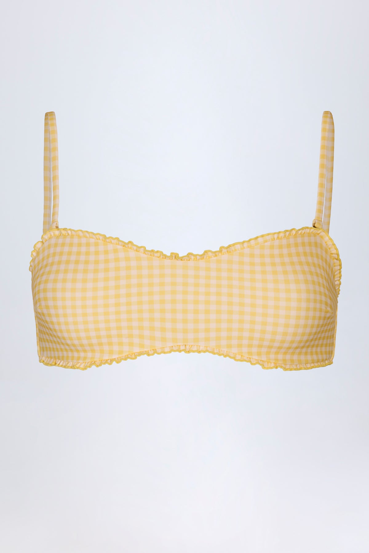 ⁣⁢Bandeau-Bikinioberteil mit Rüschen in Gelb Vichy-Karo⁤⁣