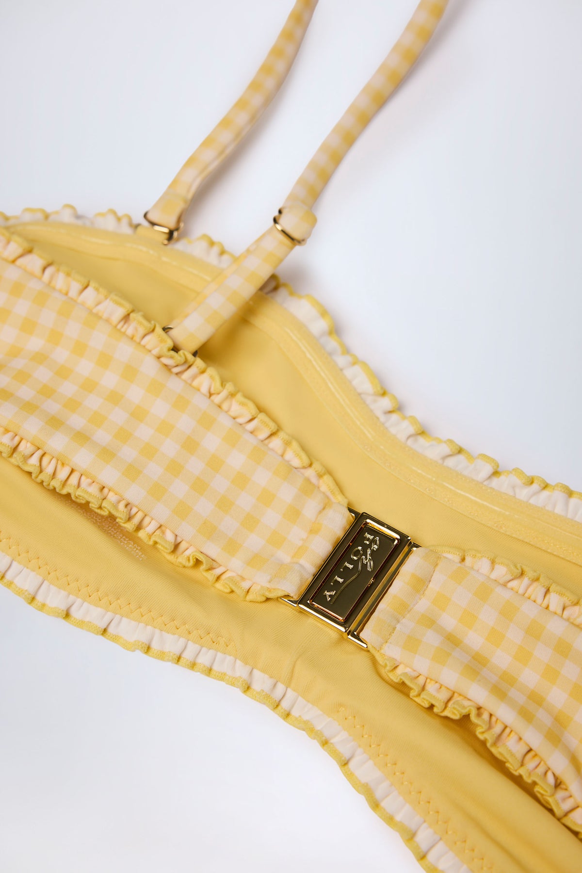 ⁣⁢Bandeau-Bikinioberteil mit Rüschen in Gelb Vichy-Karo⁤⁣