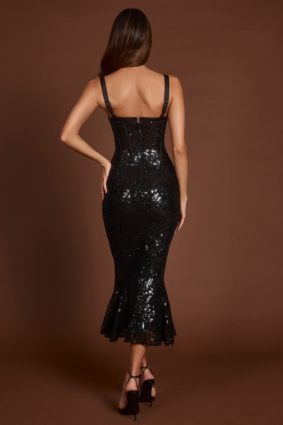⁣⁢Verziertes Peekaboo-Korsett-Midaxikleid in Black Zebra⁤⁣