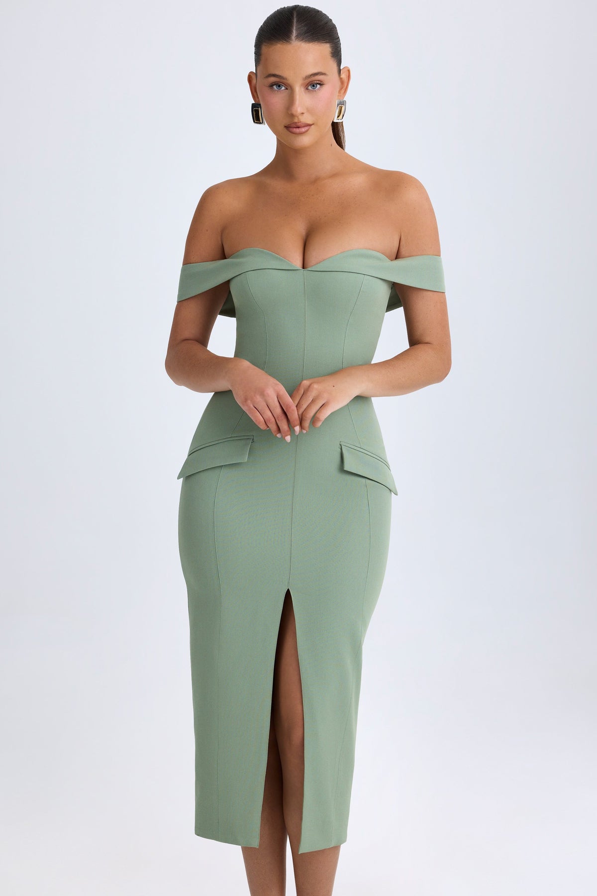 ⁣⁢Off-Shoulder Midaxikleid in Khaki-Grün⁤⁣