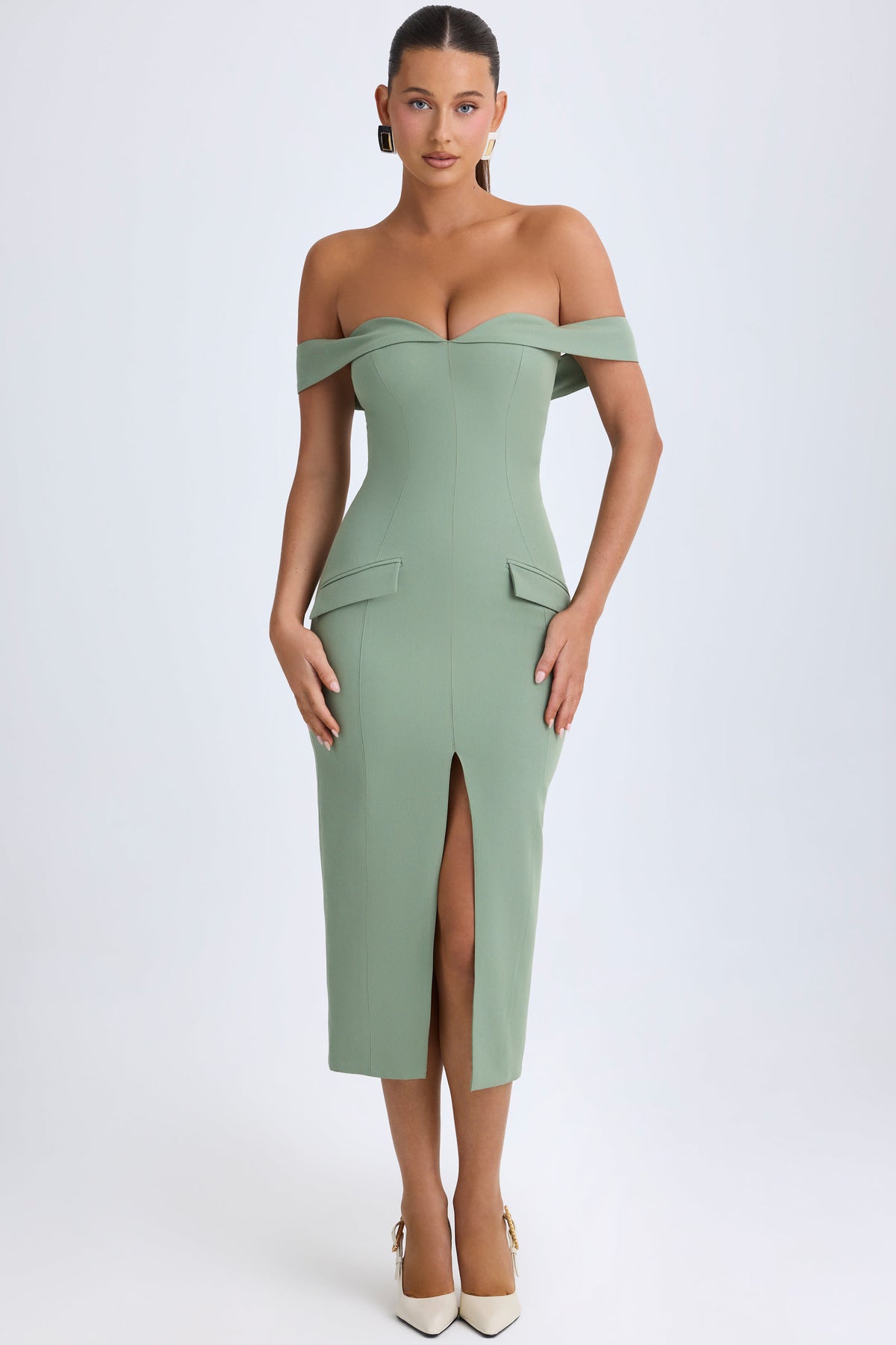 ⁣⁢Off-Shoulder Midaxikleid in Khaki-Grün⁤⁣