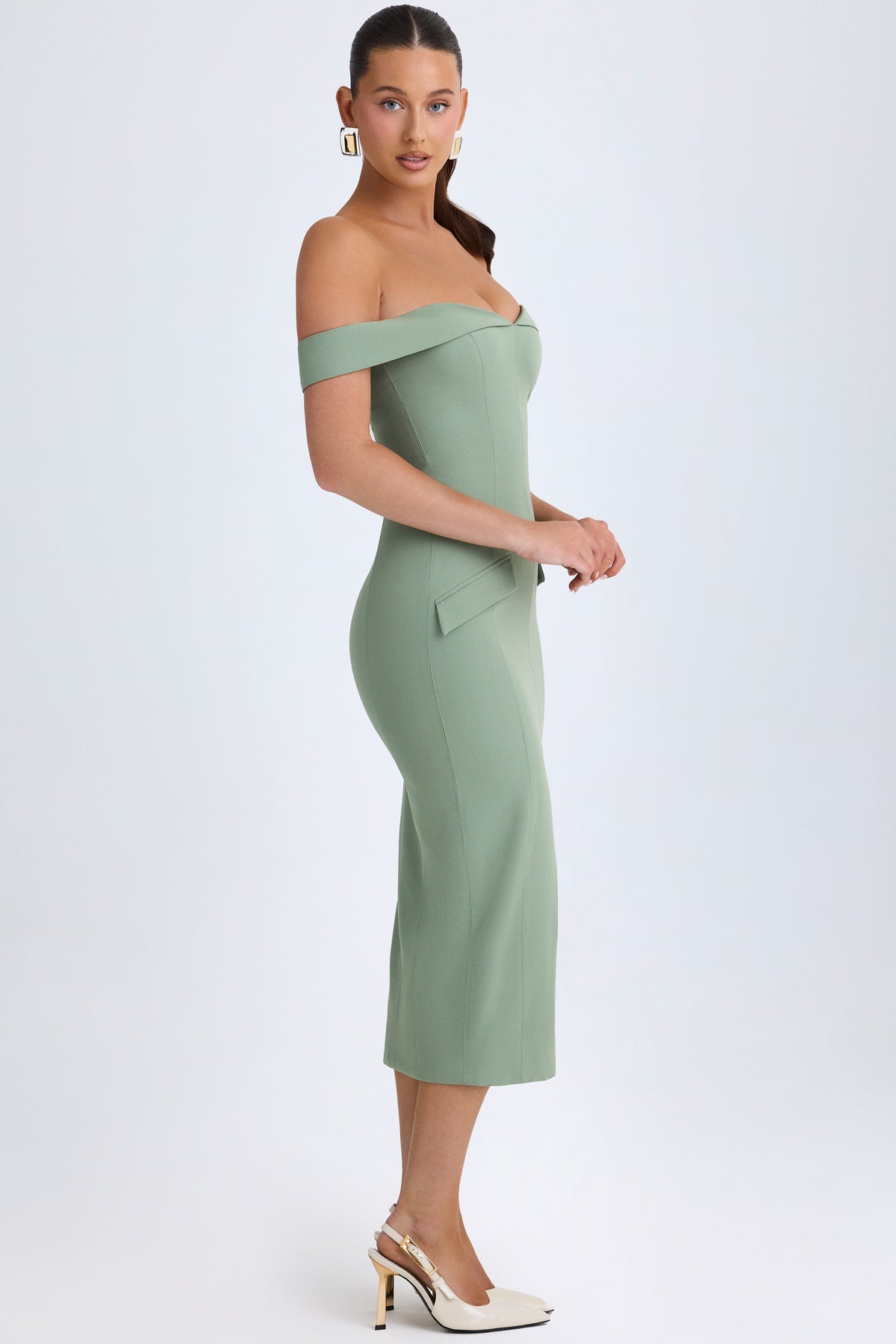 ⁣⁢Off-Shoulder Midaxikleid in Khaki-Grün⁤⁣