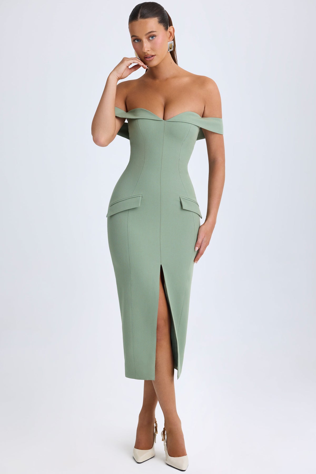⁣⁢Off-Shoulder Midaxikleid in Khaki-Grün⁤⁣