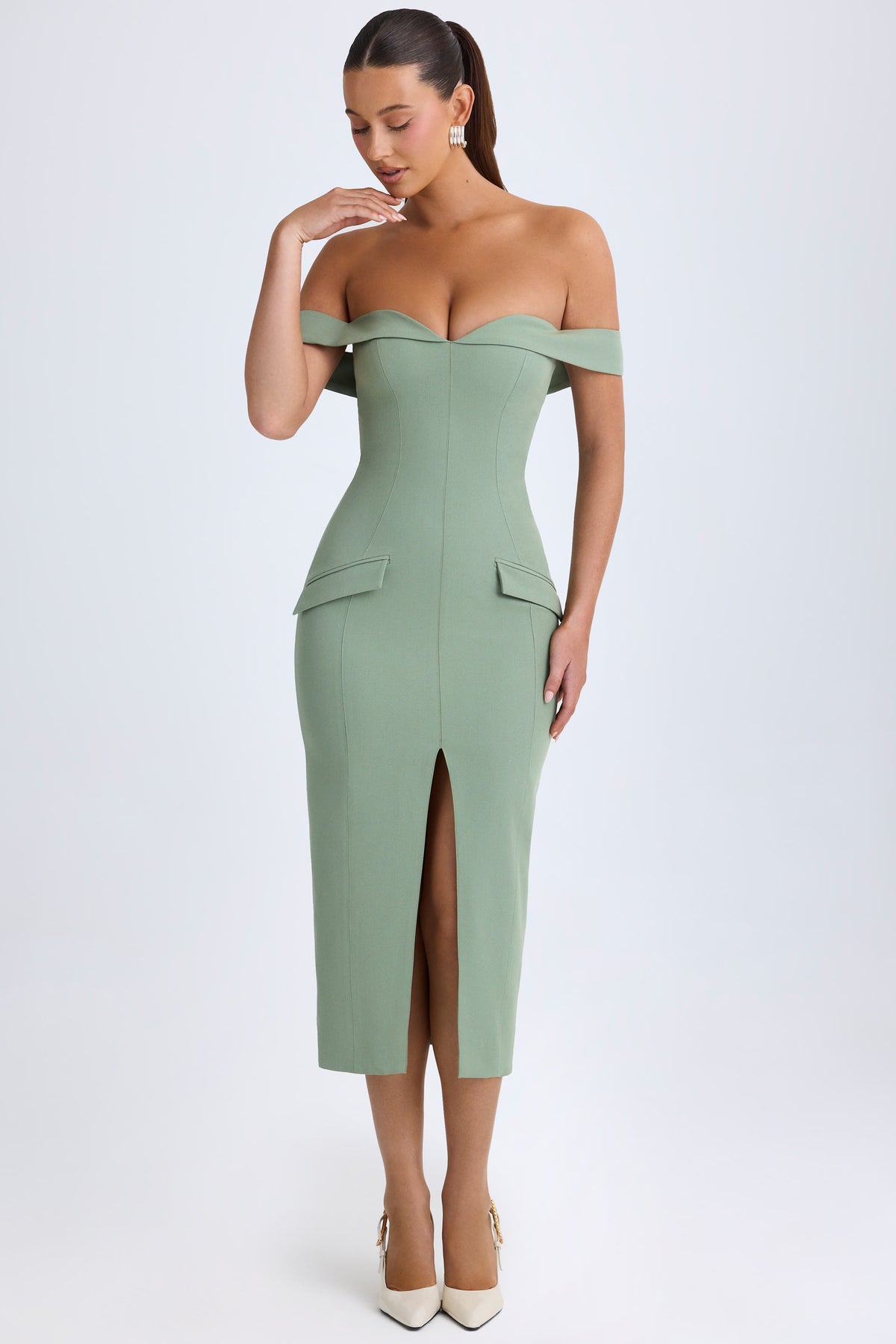 ⁣⁢Off-Shoulder Midaxikleid in Khaki-Grün⁤⁣