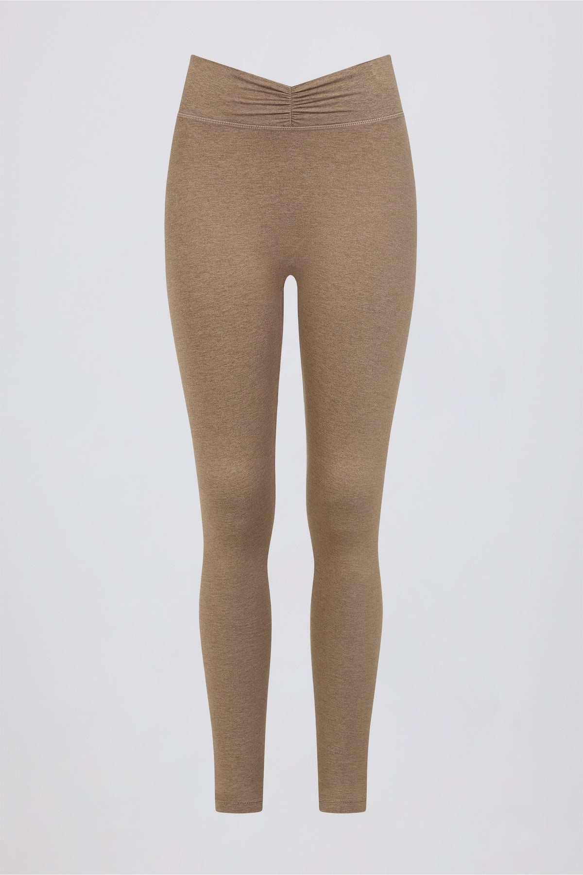 ⁣⁢Geraffte Mid-Waist-Leggings aus angerautem Jersey in Mokka meliert⁤⁣