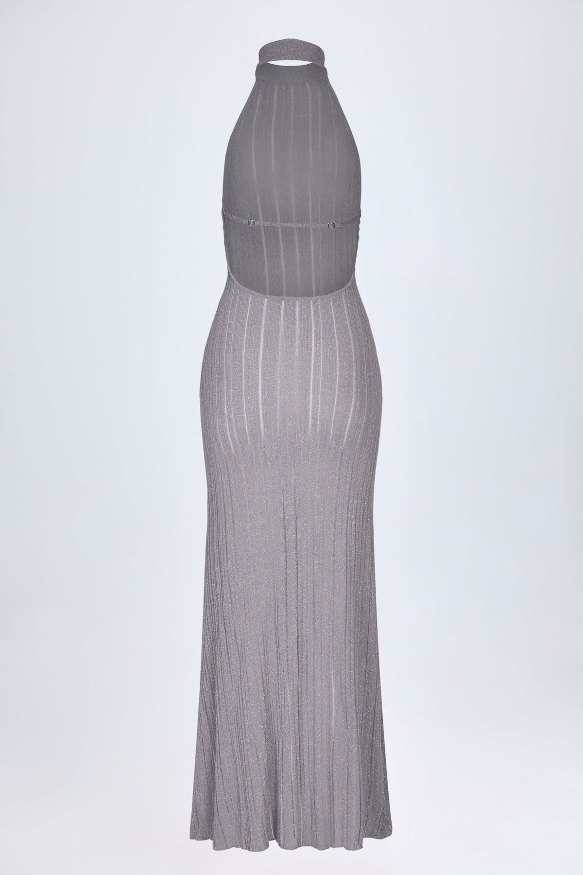 ⁣⁢Rückenfreies Neckholder-Maxikleid in Silber⁤⁣