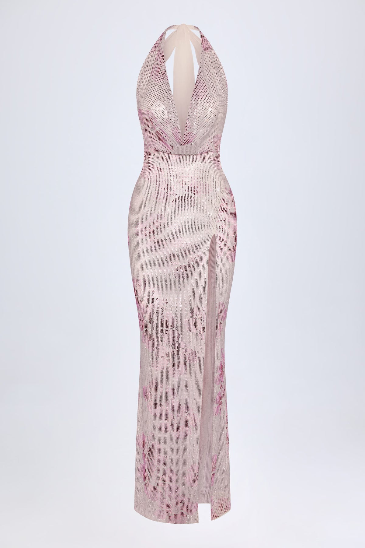 ⁣⁢Maxikleid mit Wasserfallausschnitt und Verzierungen in Pink-Weiß mit Hotfix⁤⁣