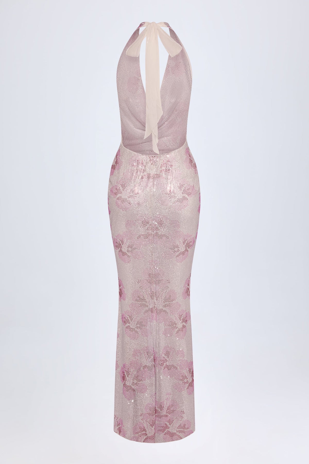 ⁣⁢Maxikleid mit Wasserfallausschnitt und Verzierungen in Pink-Weiß mit Hotfix⁤⁣
