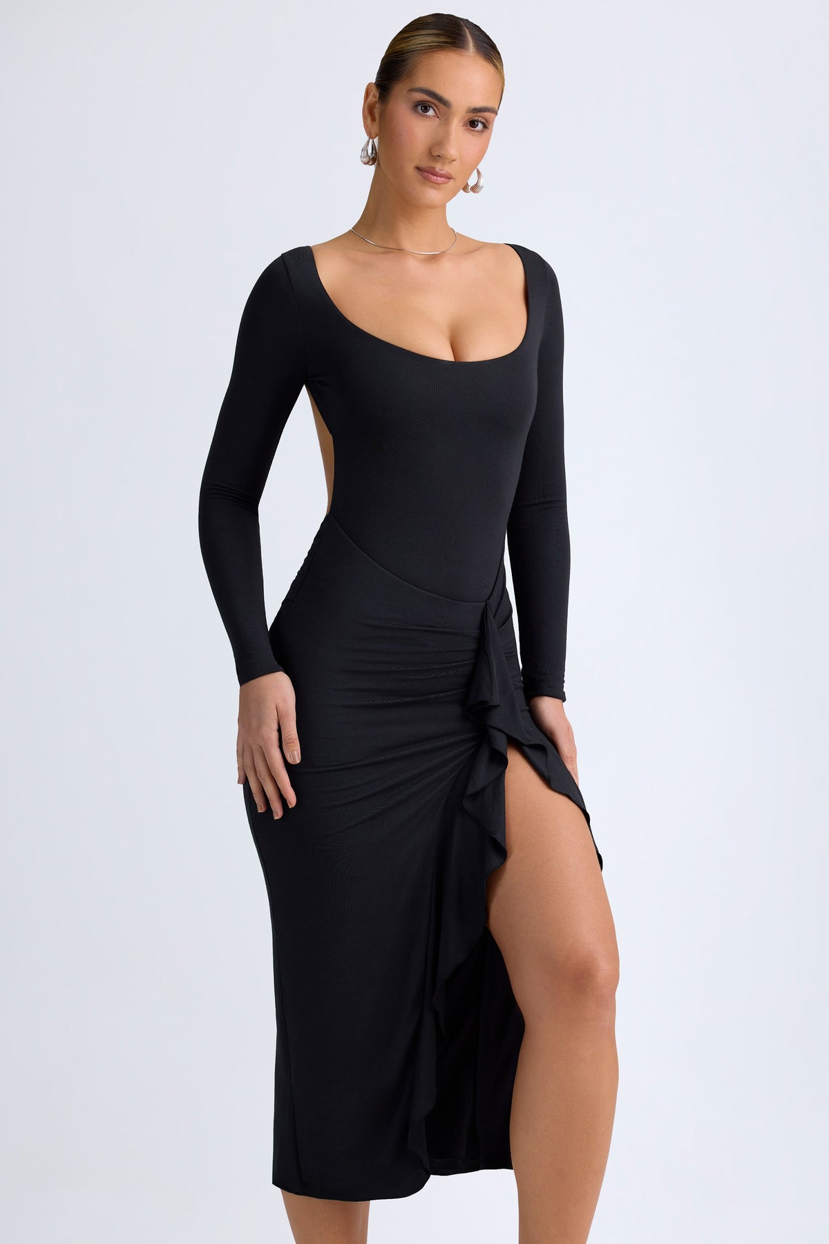 ⁣⁢Modal-Midaxikleid mit Rüschen in Schwarz⁤⁣