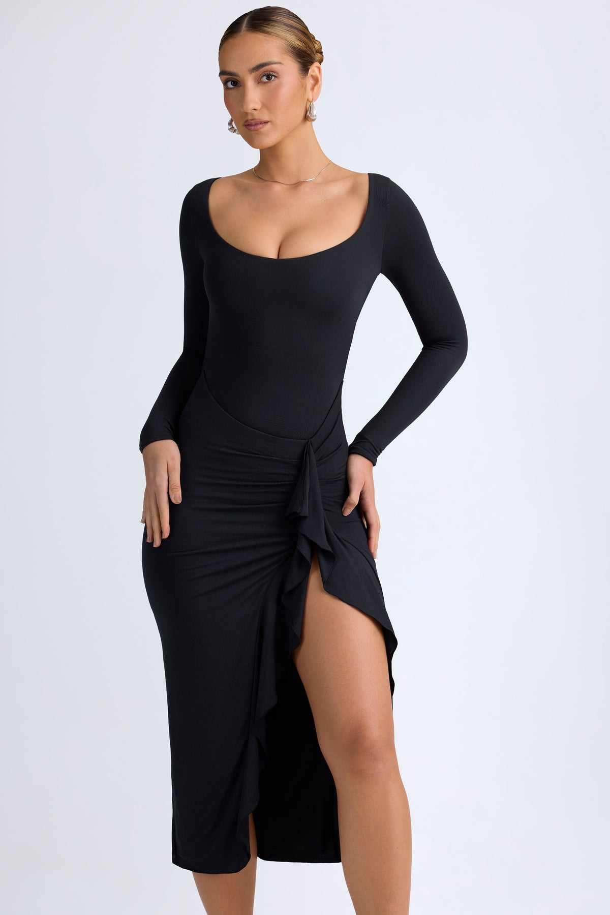 ⁣⁢Modal-Midaxikleid mit Rüschen in Schwarz⁤⁣
