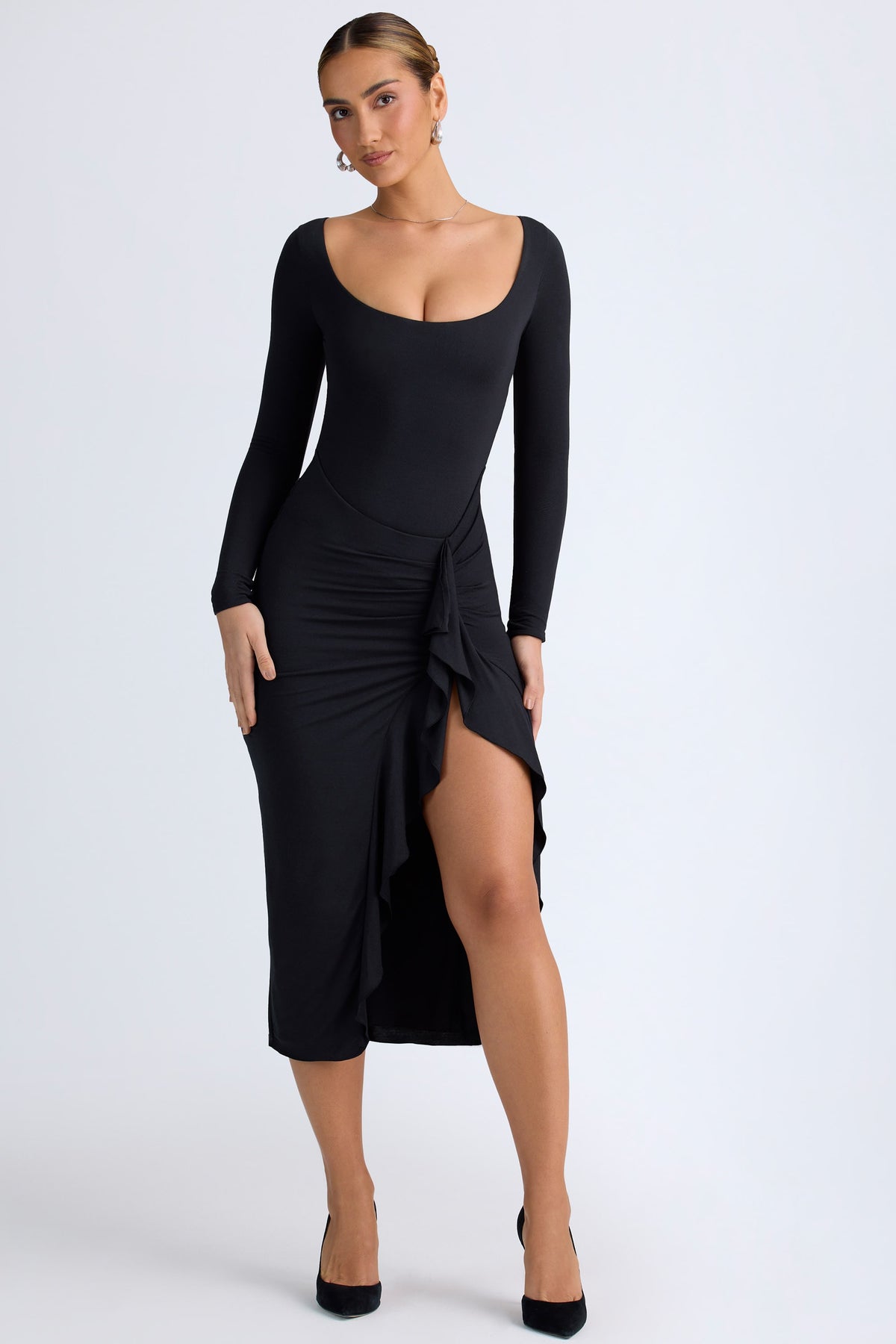 ⁣⁢Modal-Midaxikleid mit Rüschen in Schwarz⁤⁣