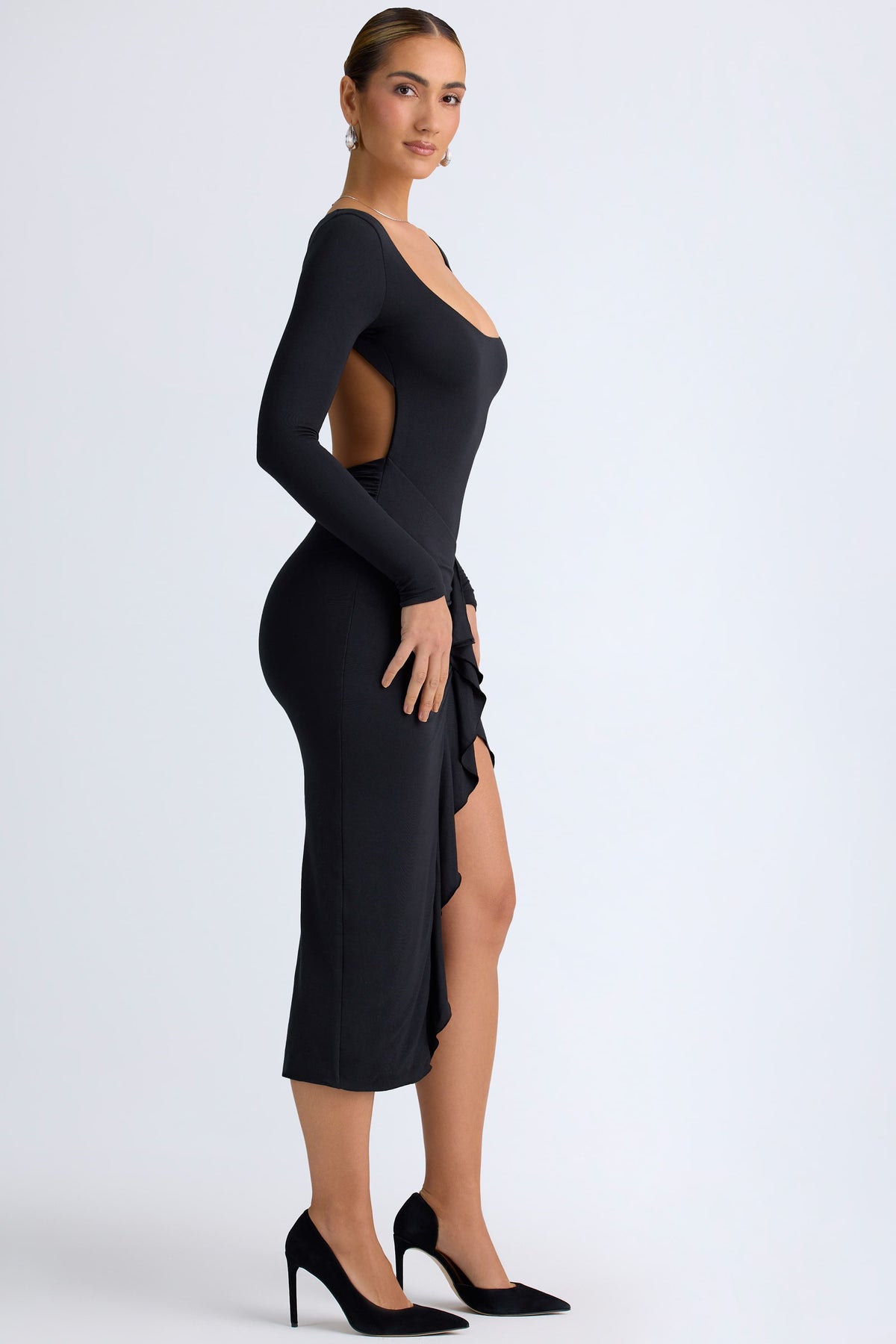 ⁣⁢Modal-Midaxikleid mit Rüschen in Schwarz⁤⁣