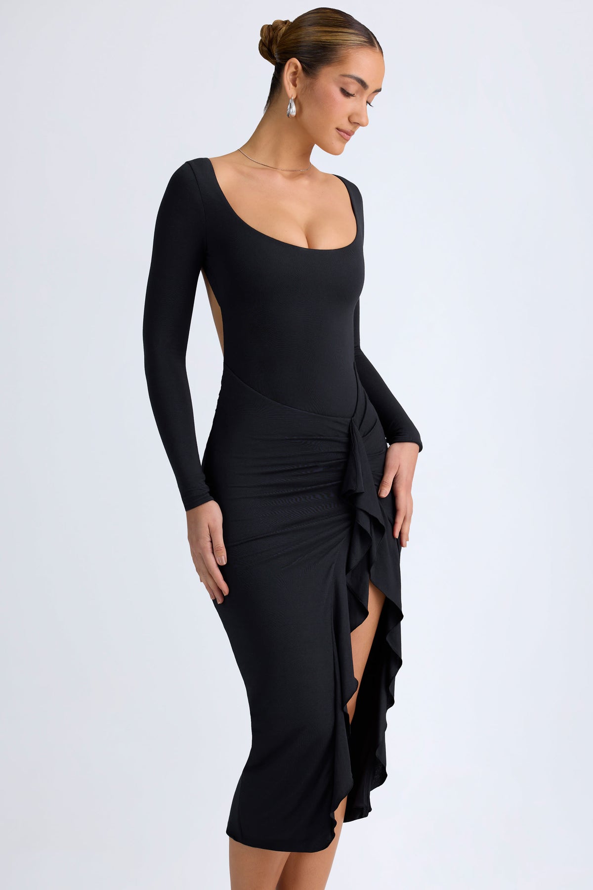 ⁣⁢Modal-Midaxikleid mit Rüschen in Schwarz⁤⁣
