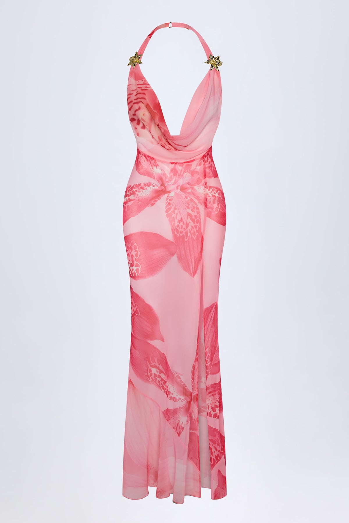 ⁣⁢Maxikleid mit Wasserfallausschnitt und Metalldetail im rosa Orchideenmuster⁤⁣