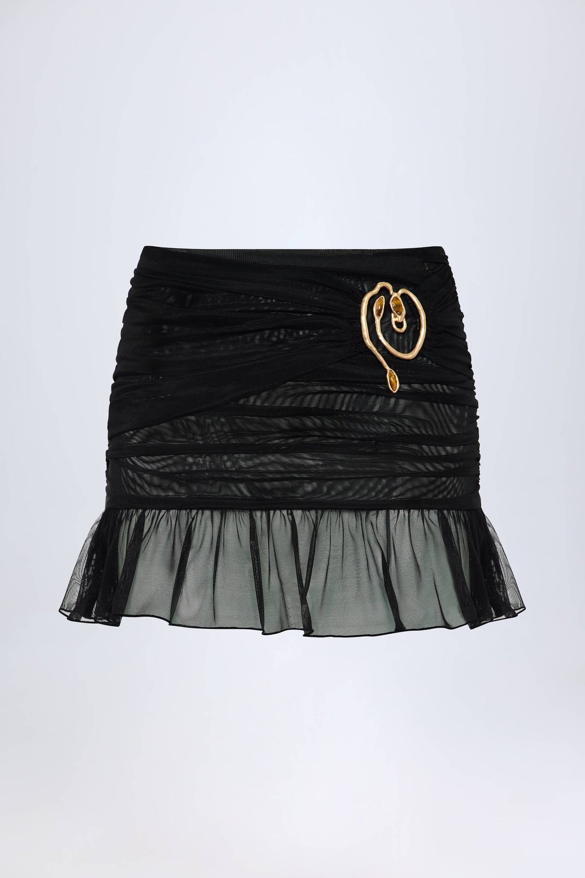 ⁣⁢Mid-Waist-Minirock mit Rüschen und Metalldetail in Schwarz⁤⁣