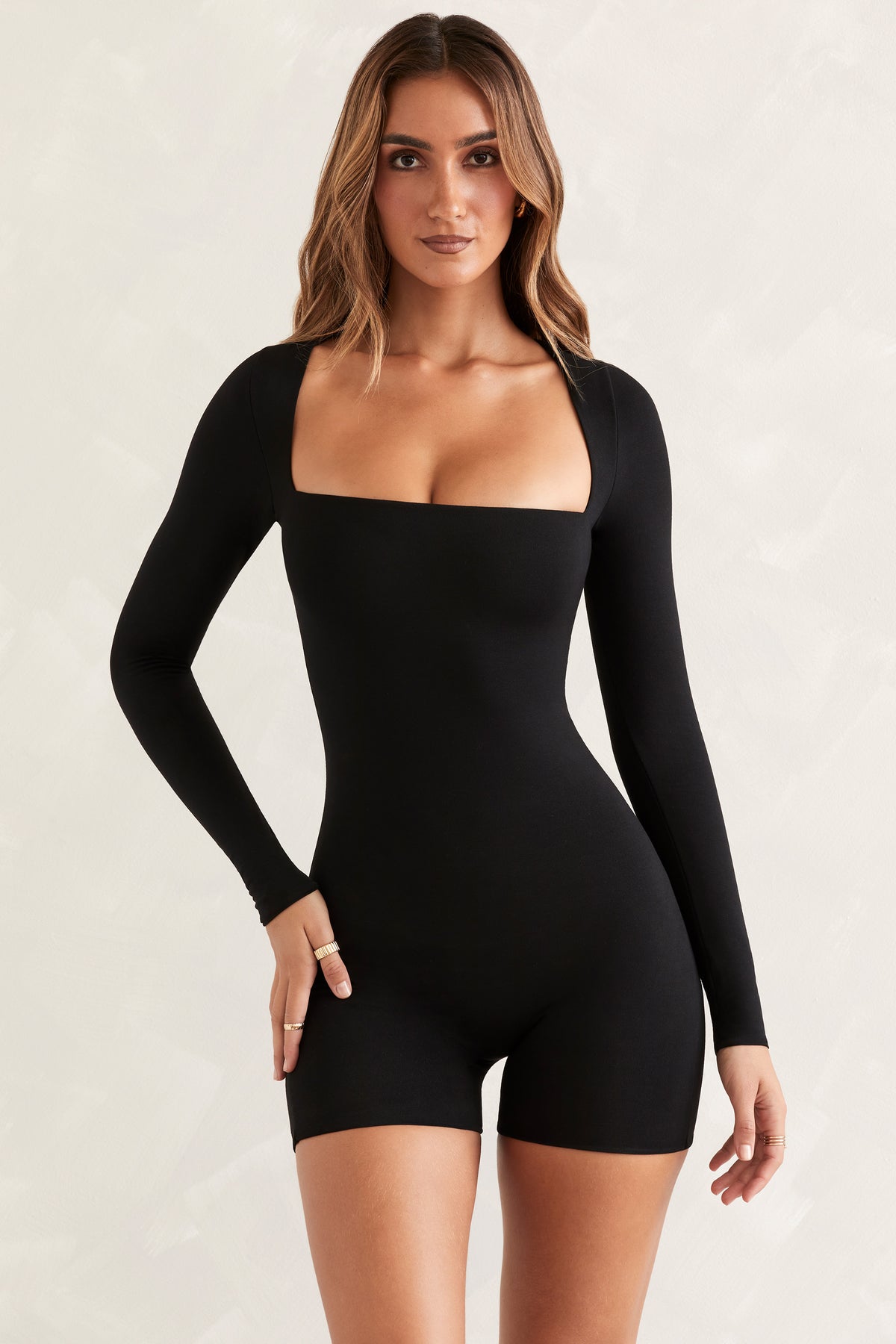 ⁣⁢Langarm-Unitard mit eckigem Ausschnitt in Schwarz⁤⁣