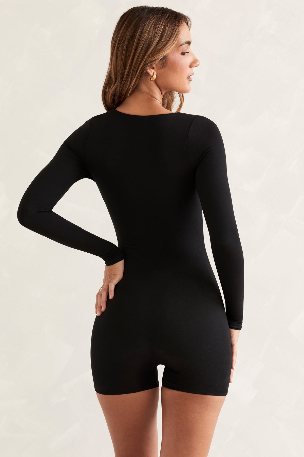 ⁣⁢Langarm-Unitard mit eckigem Ausschnitt in Schwarz⁤⁣